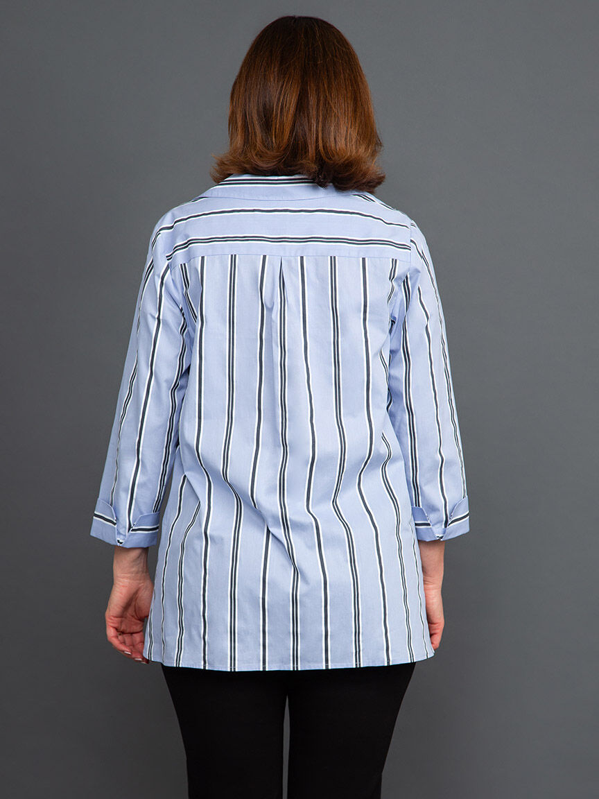 &frac34; Sleeve Button-Down Striped Blouse Image 4