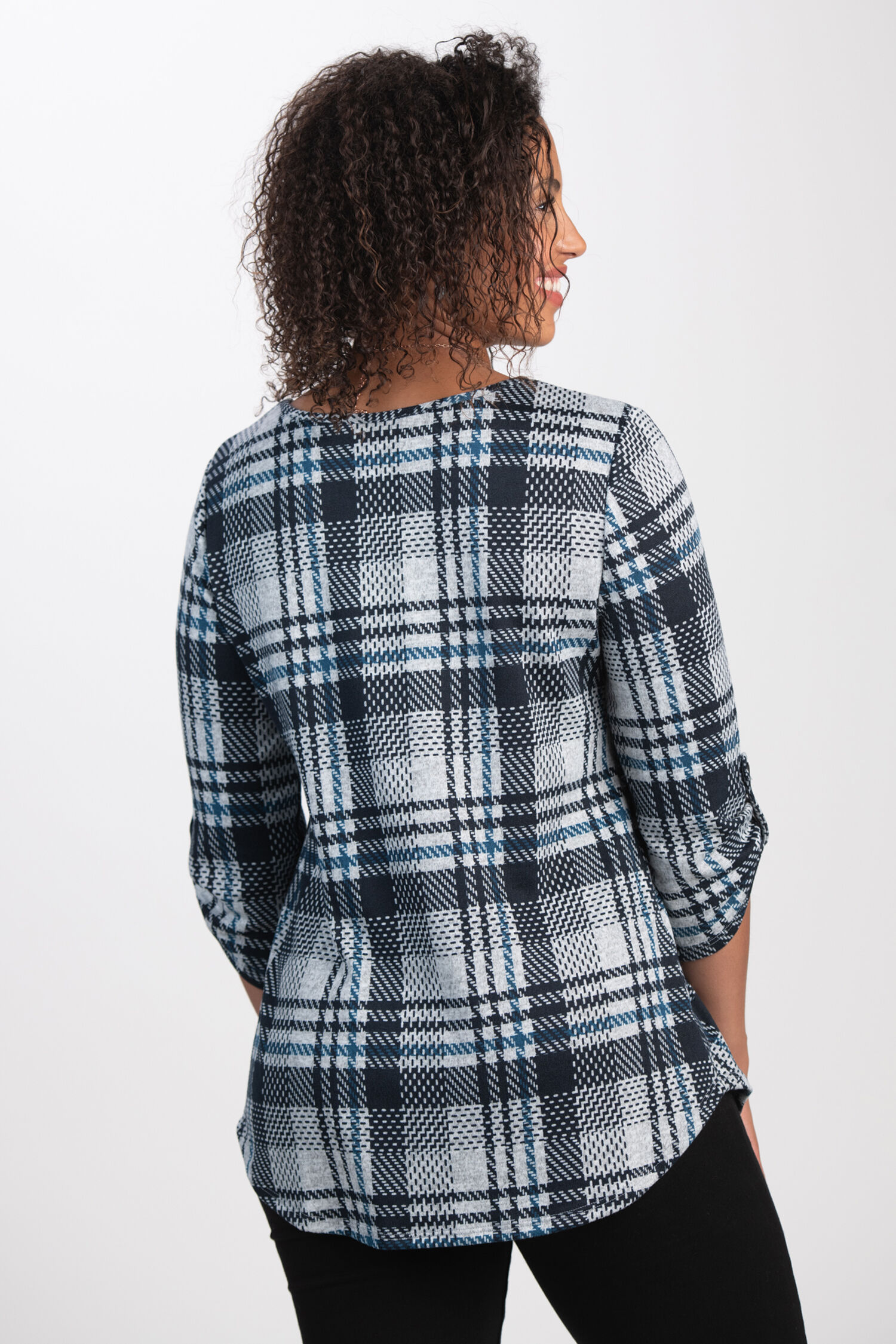 Roll-Tab Sleeve Plaid Top  Image 2