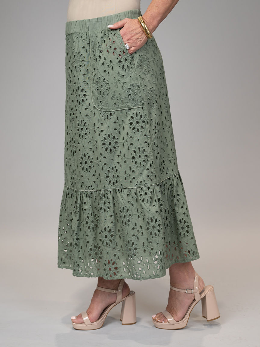 Pull-On Midi Skirt With Floral Eyelet Embroidery
