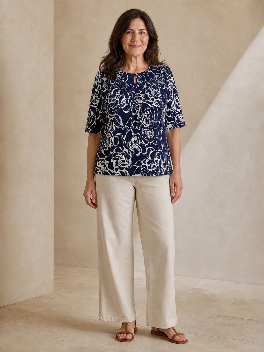 Elbow Sleeve Top With Keyhole Neckline