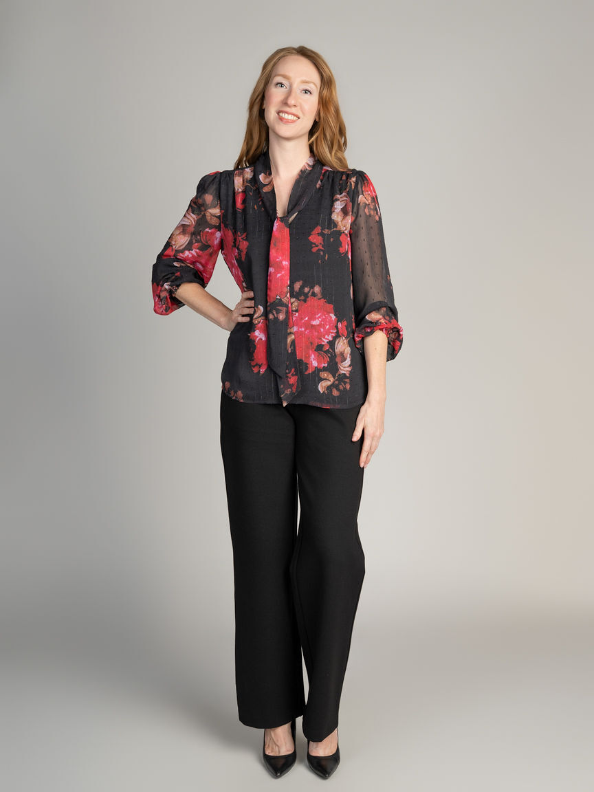 Sheer Floral Tie-Neck Blouse