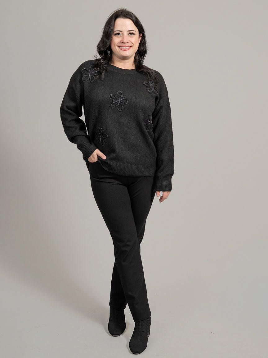 Crew Neck Sweater With Hotfix Flowers