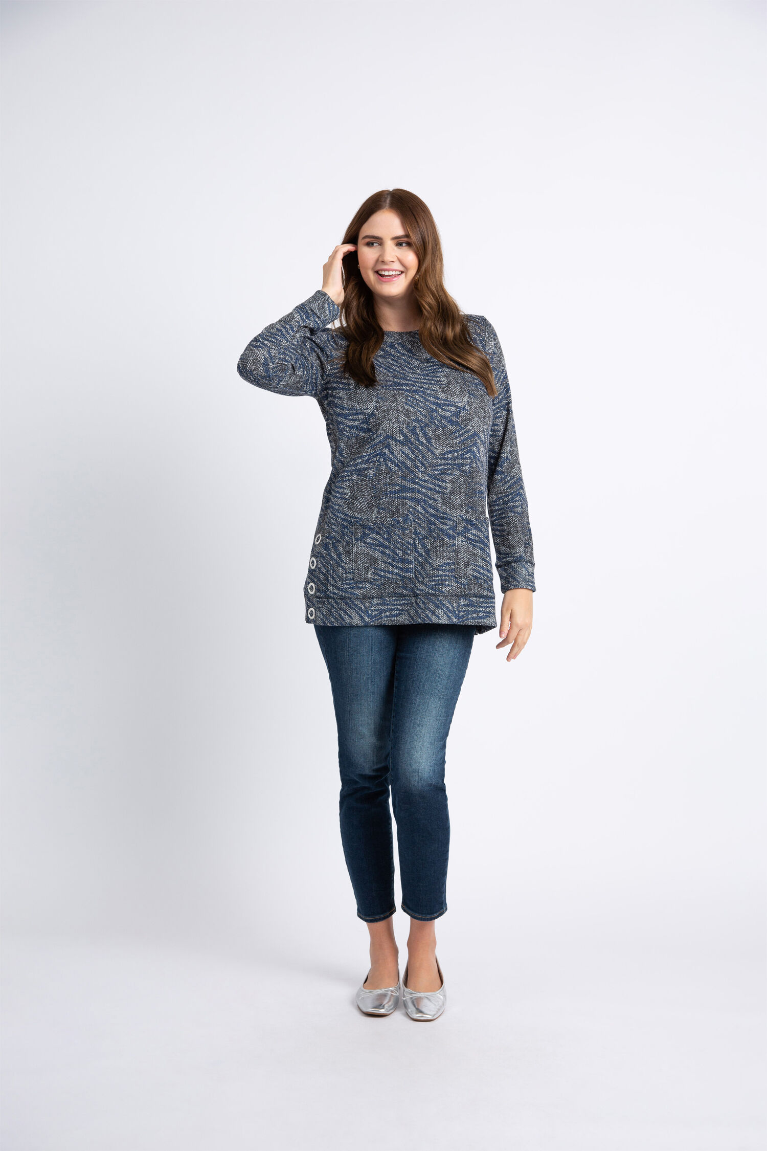 Long Sleeve Knit Sweater w/ Side Snaps  Image 1