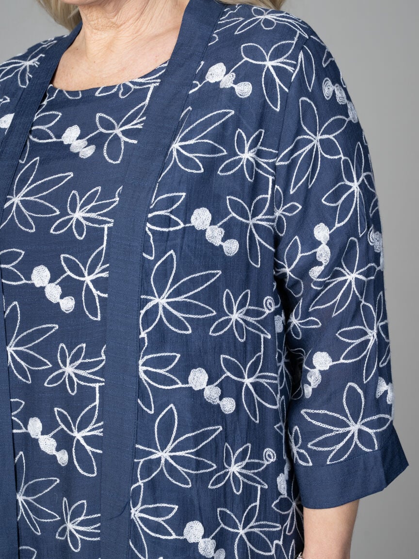 Sheer 3/4 Sleeve Open-Front Kimono with Floral Embroidery