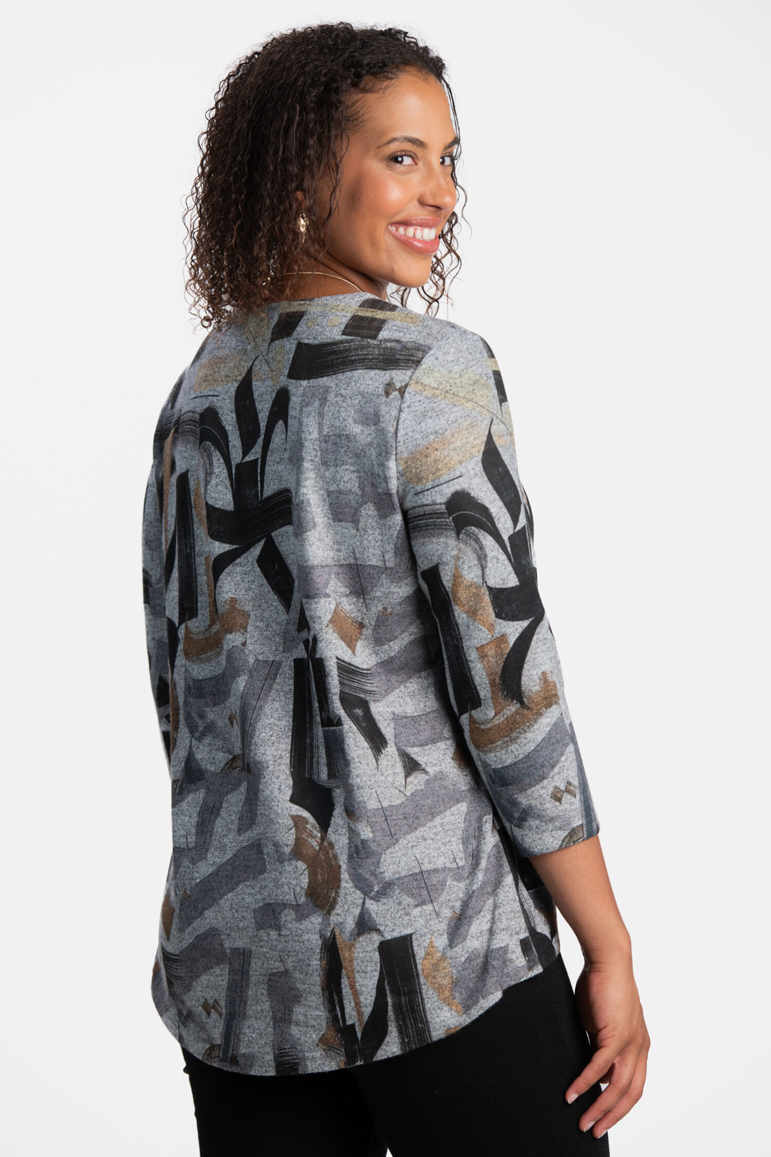 &frac34; Sleeve Abstract Print Top  Image 3