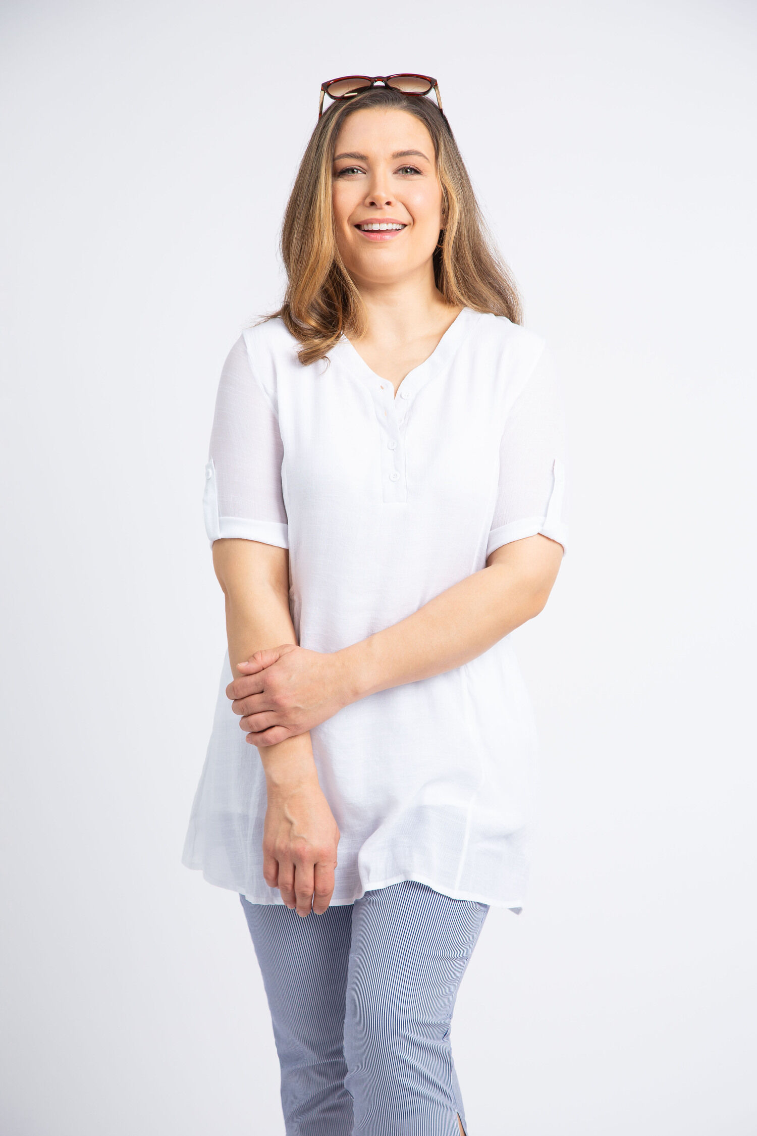 Elbow Sleeve Henley Neck Tunic Blouse Image 4