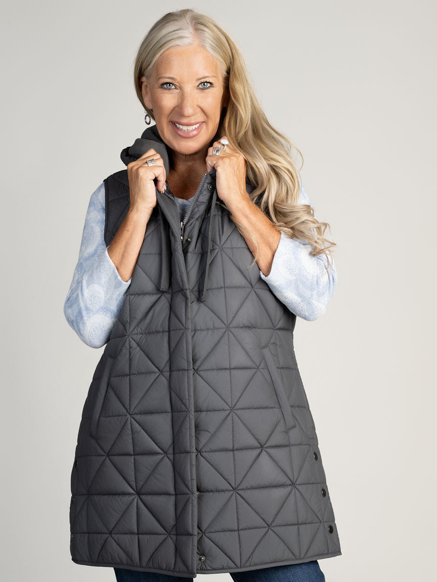 Grey Geometric Quilted Puffer Vest with Hood