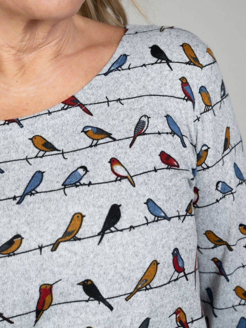 3/4 Sleeve Bird Print Shirt