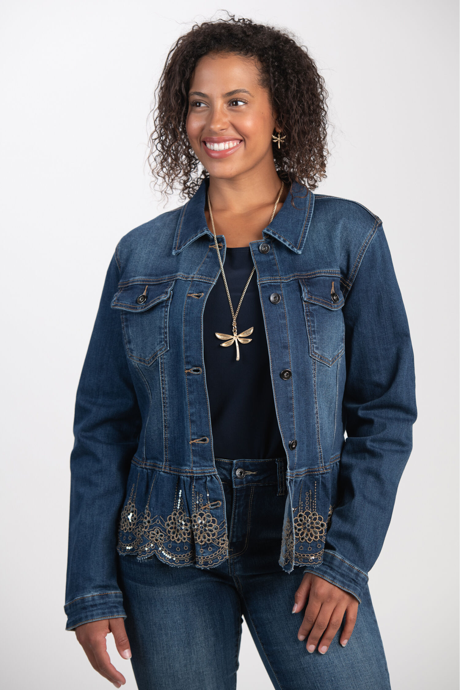 Scallop Hem Embellished Denim Jacket  Image 1