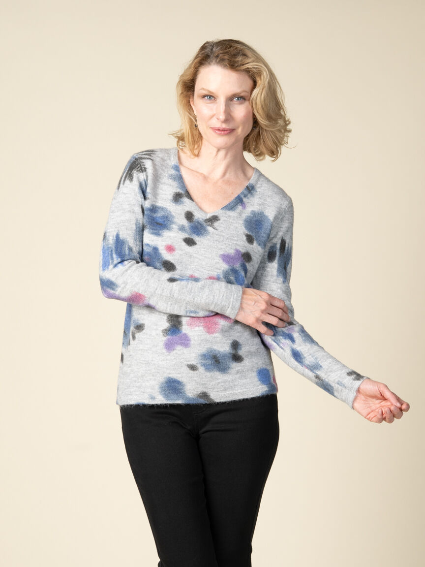 Long Sleeve V-Neck Watercolor Sweater