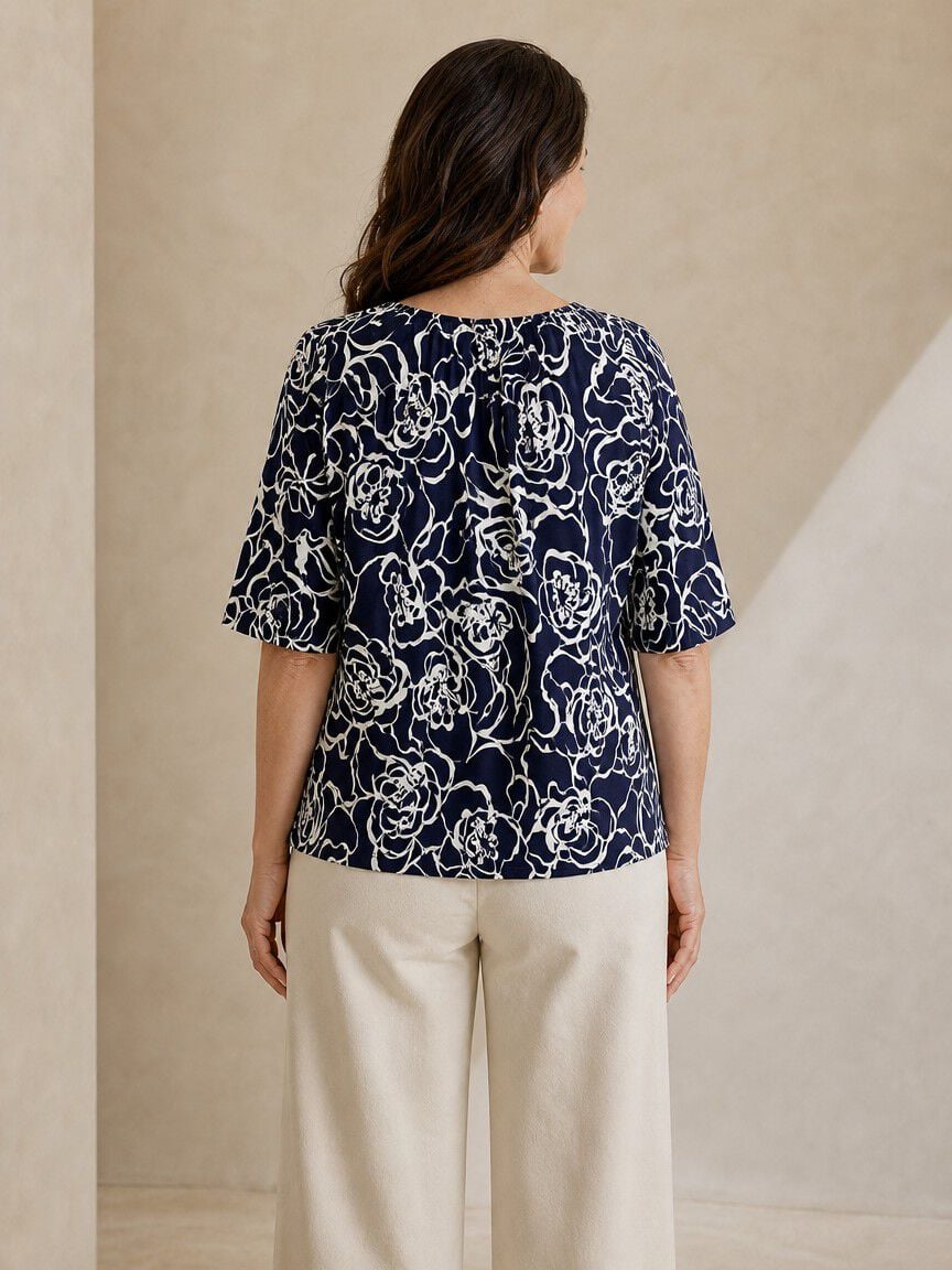 Elbow Sleeve Top With Keyhole Neckline