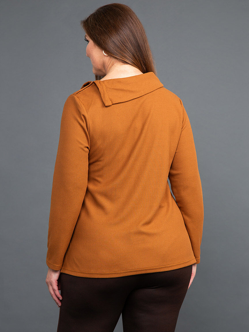 Waffle Knit Mock Neck Top w/ Buttons Image 4