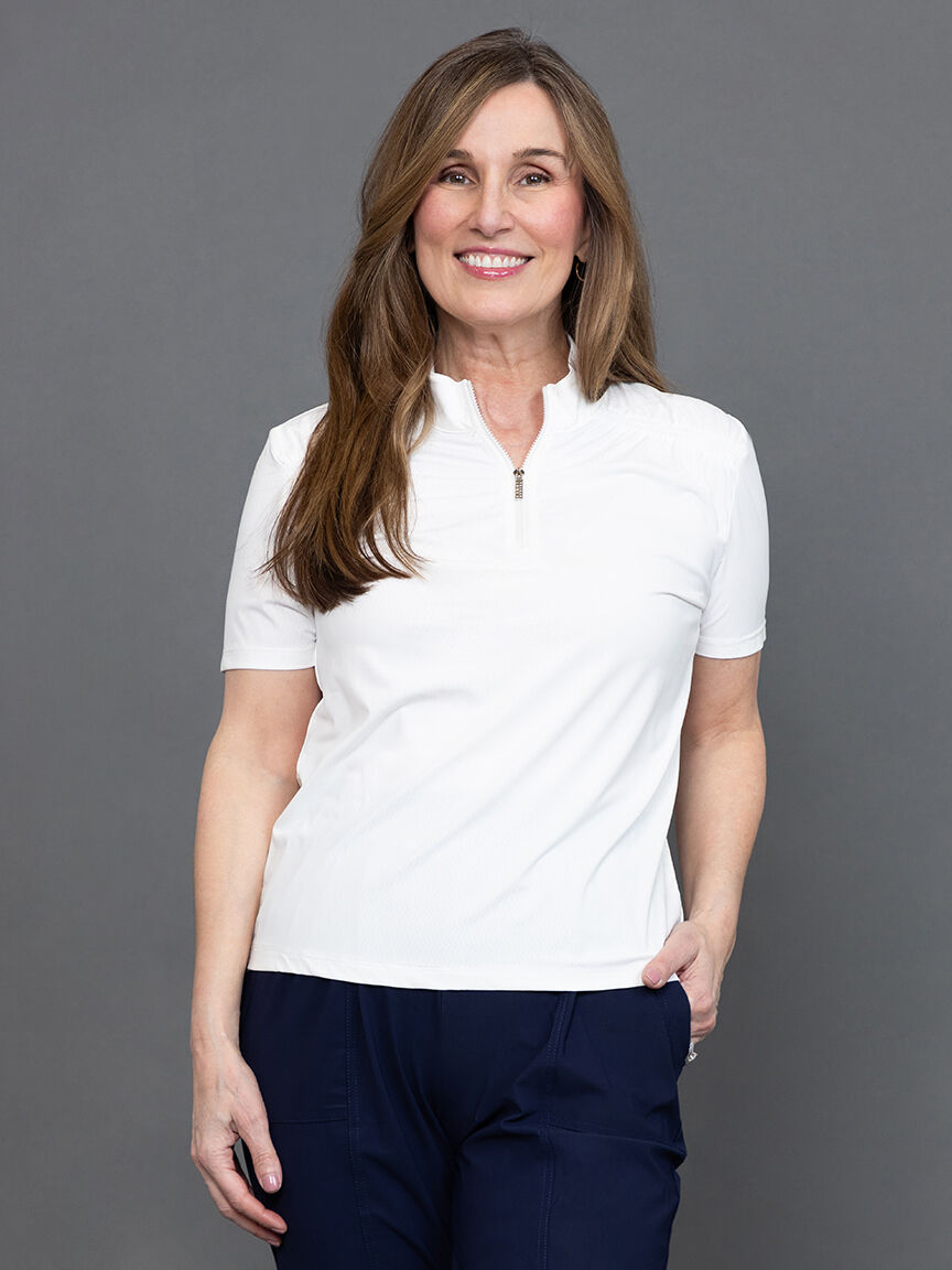 Pointelle Knit Zip-Front Mock Neck Top  Image 2