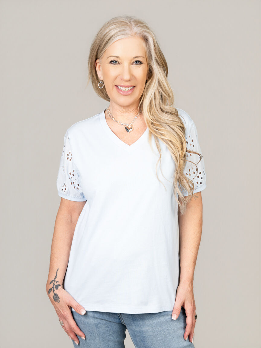 Eyelet Sleeve V-Neck T-Shirt