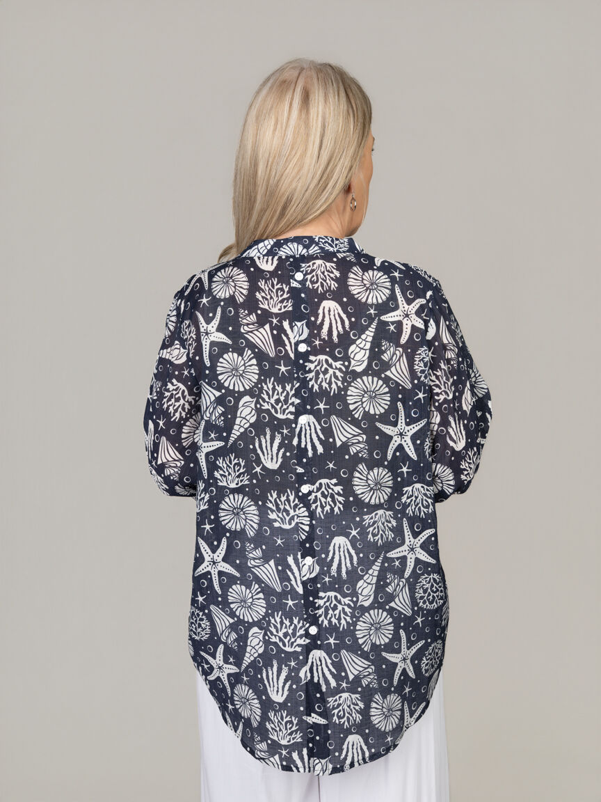 Sheer Elbow Sleeve Button Front Blouse