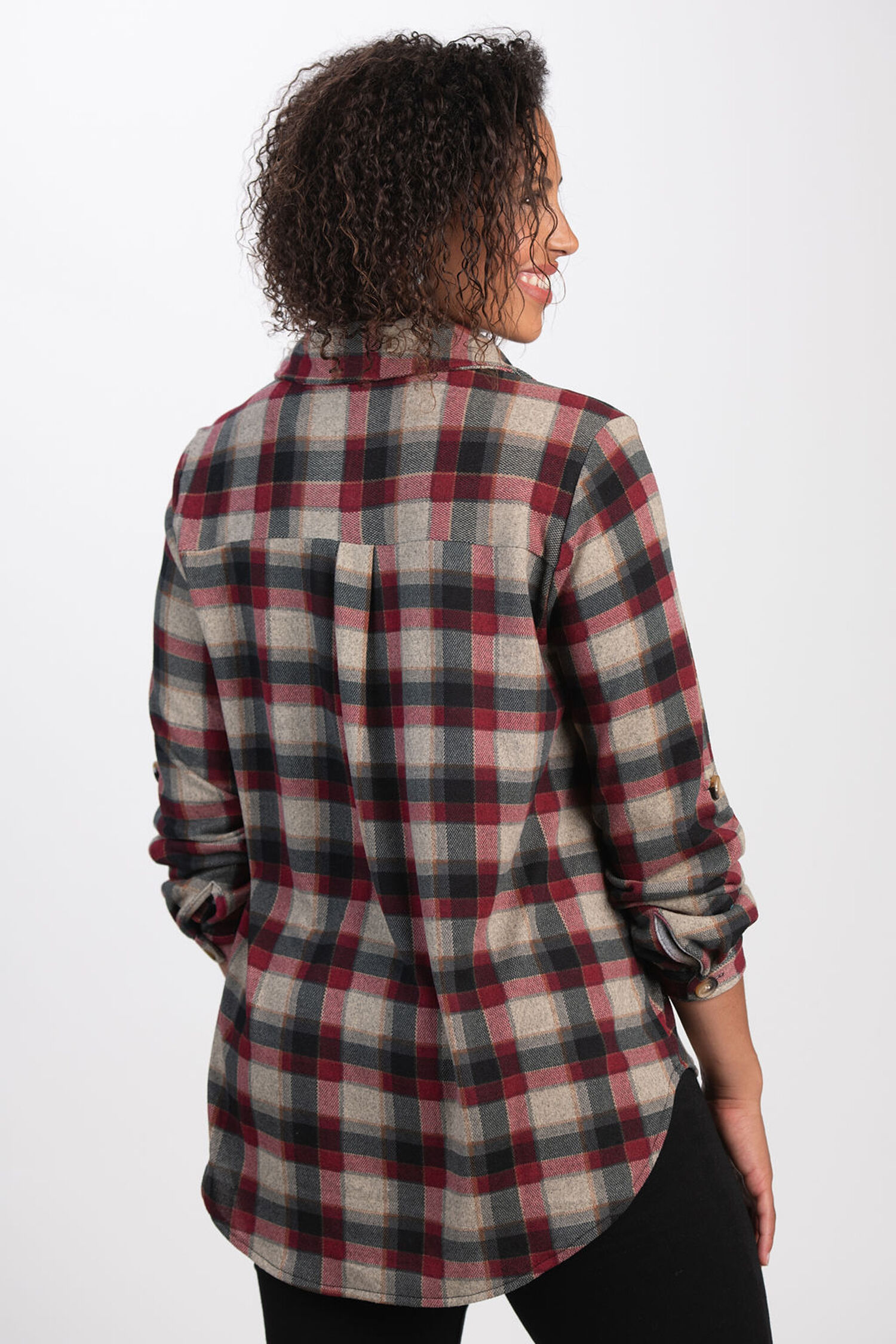 &frac34; Roll Tab Sleeve Plaid Top  Image 2