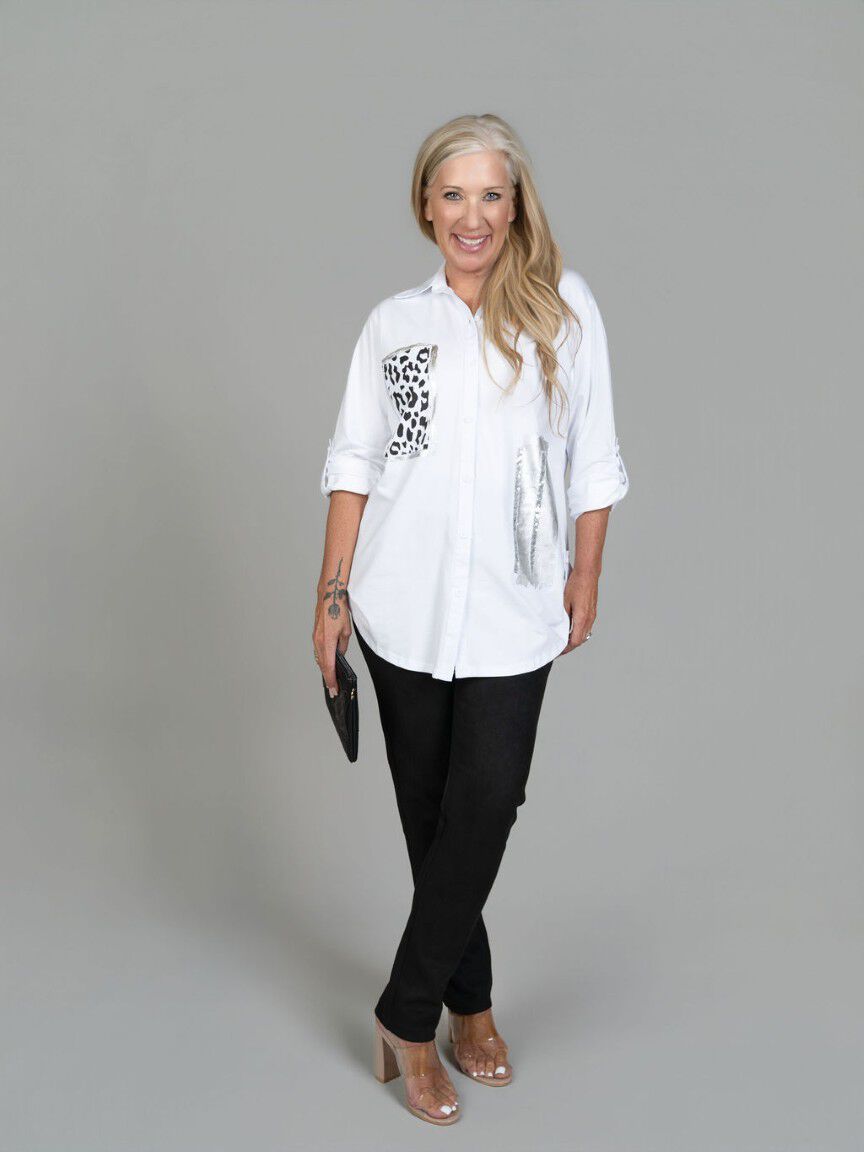 Mixed Media Button Down Blouse