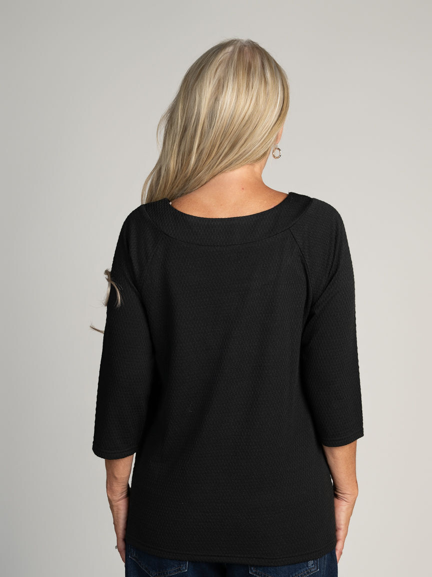 3/4 Sleeve Textured Knit top with round neckline and Silver ring