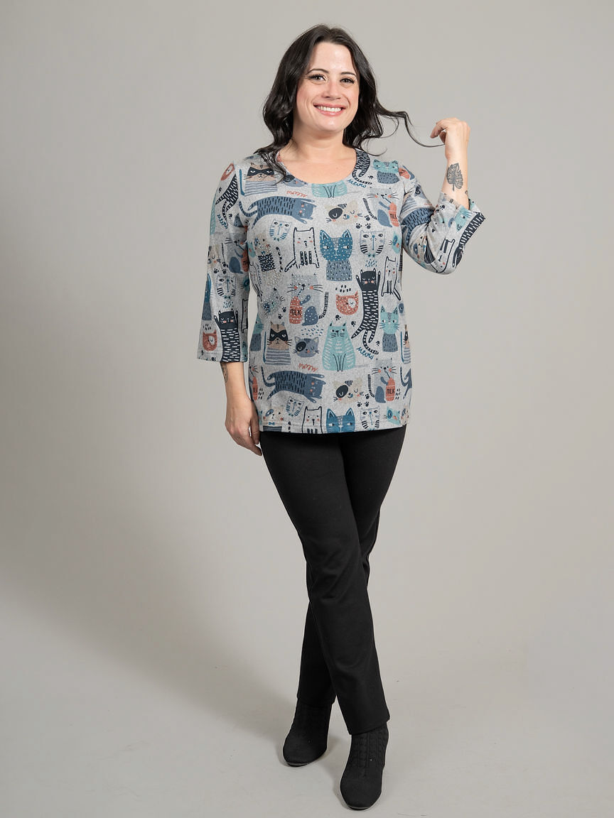 3/4 Sleeve Cat Print Top With Hotfix