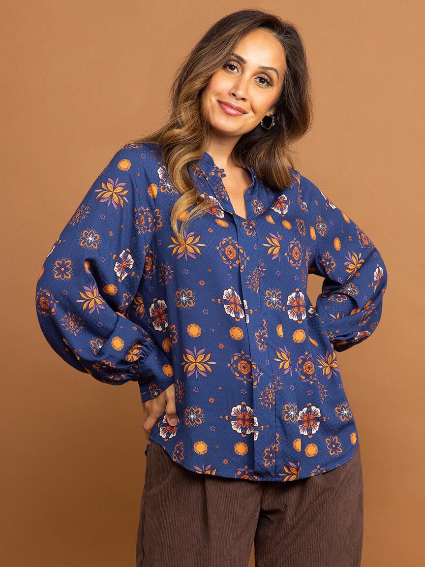 Long Sleeve Blouse in Festive Print Image 2