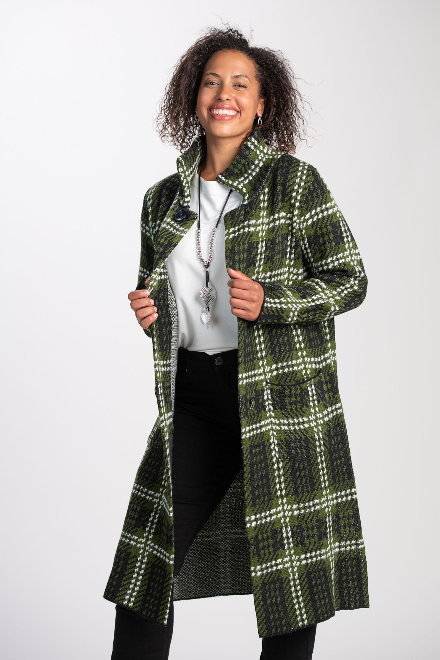 Long Plaid Button-Up Coat  Image 2