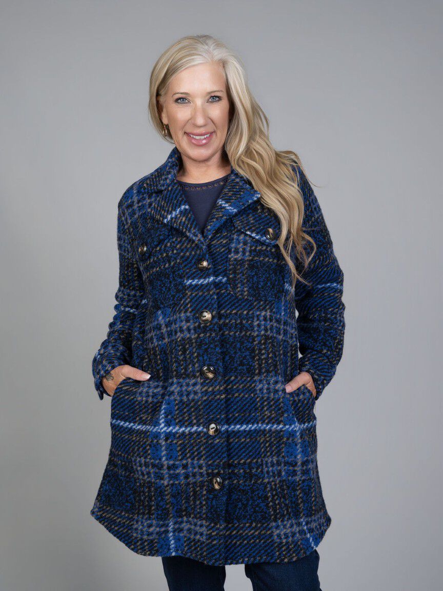 Knit Plaid Notch Collar Shacket