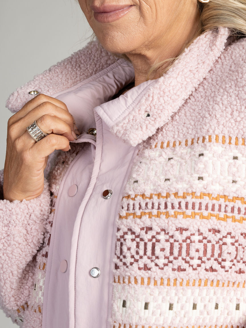 Embroidered Sherpa Button-Up Jacket
