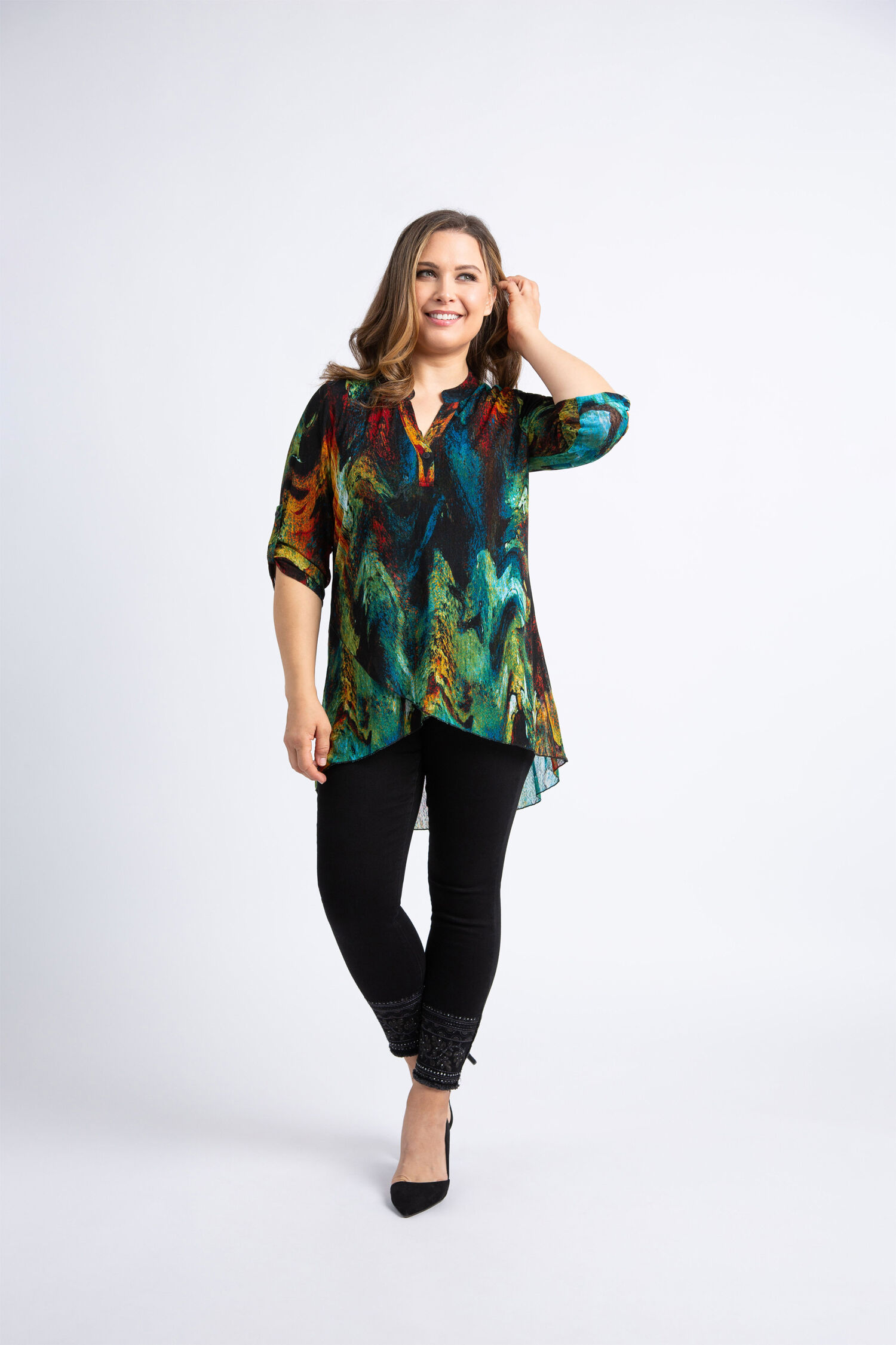 &frac34; Sleeve High-Low Mesh Shirt  Image 1