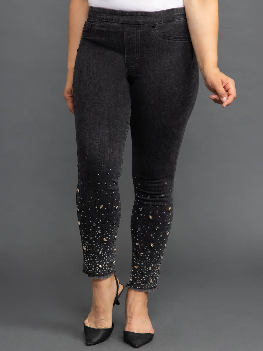 Audrey Pull-On Slim Leg Pants with Gemstone Details Image 2