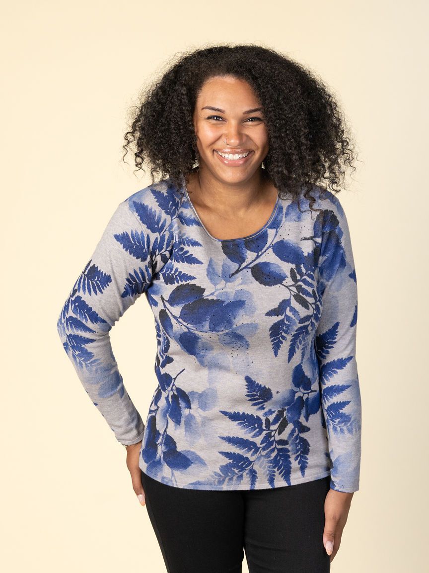 Long Sleeve Leaf Print Sweater with Hotfix