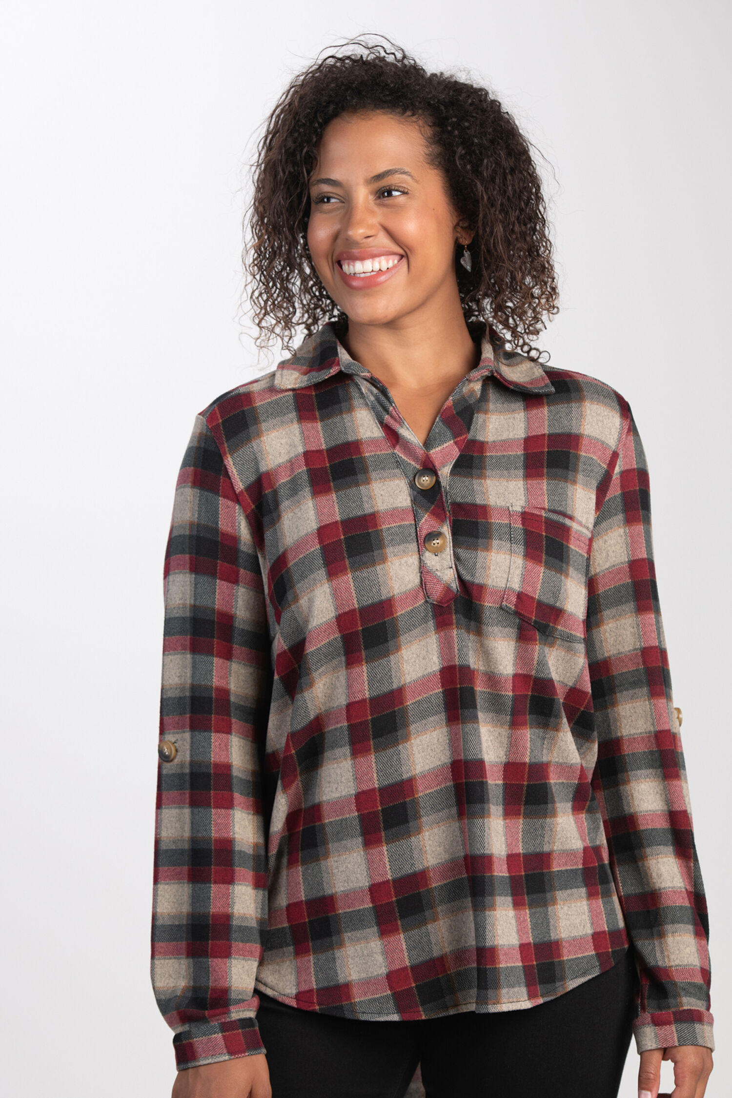 &frac34; Roll Tab Sleeve Plaid Top  Image 1