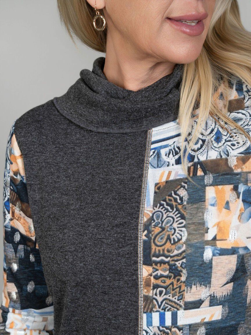 Mixed Print Cowl Neck Top