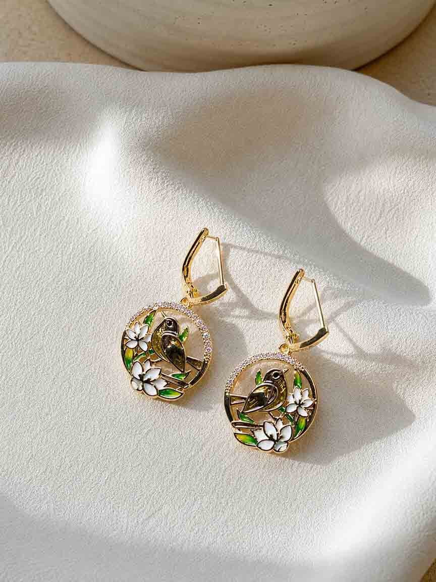 Sparkling Bird-in-Bloom Earrings