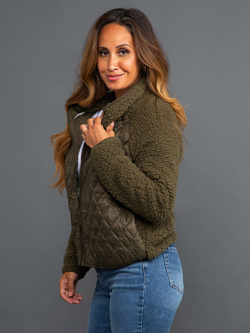 Quilted Front Long Sleeve Zip-Up Sherpa Jacket Image 4