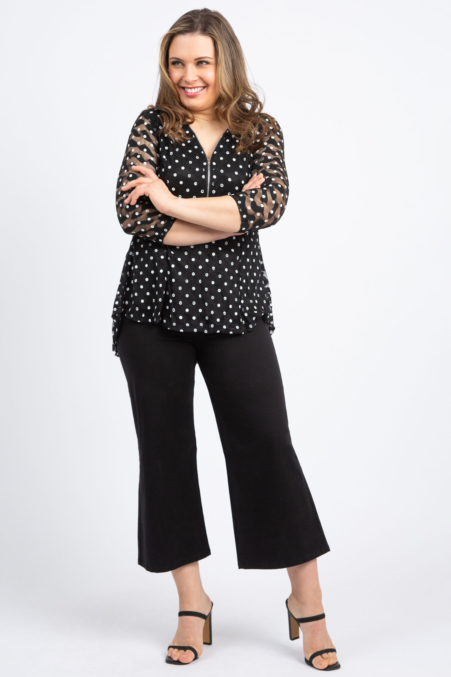 &frac34; Sleeve Polka Dot Lace Top Image 2