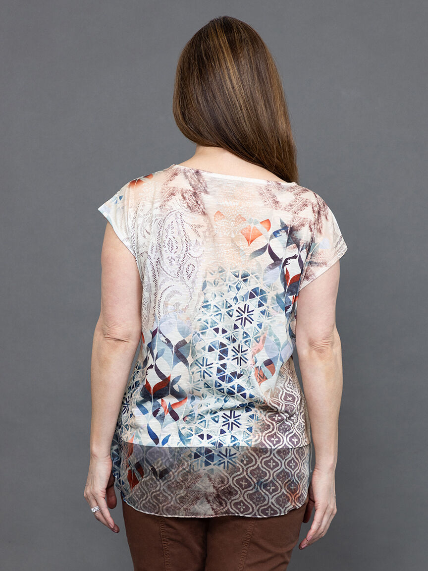 Cap Sleeve Printed Blouse w/ Chiffon Trim Image 4