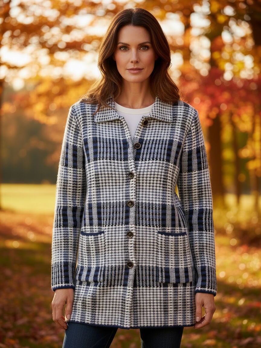 Plaid Button-Up Collared Cardigan