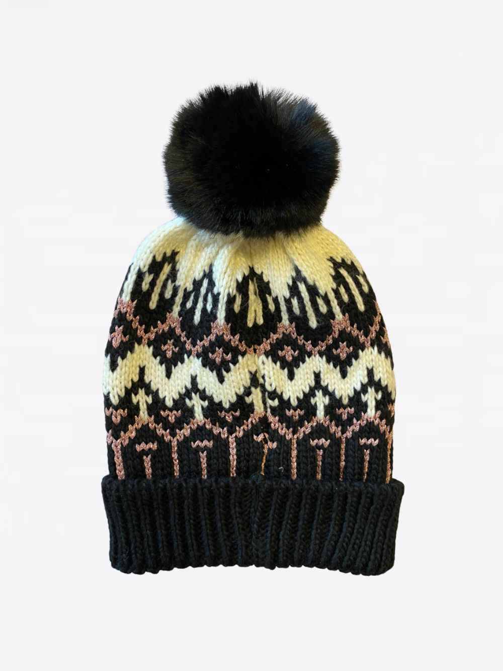 Fur Pompom Chevron Hat 