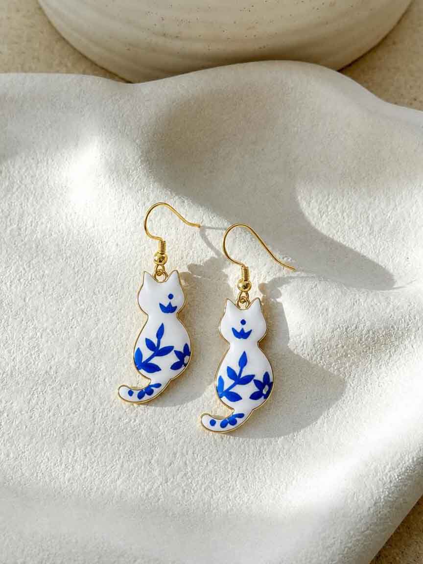 Cat and Floral Drop Earrings