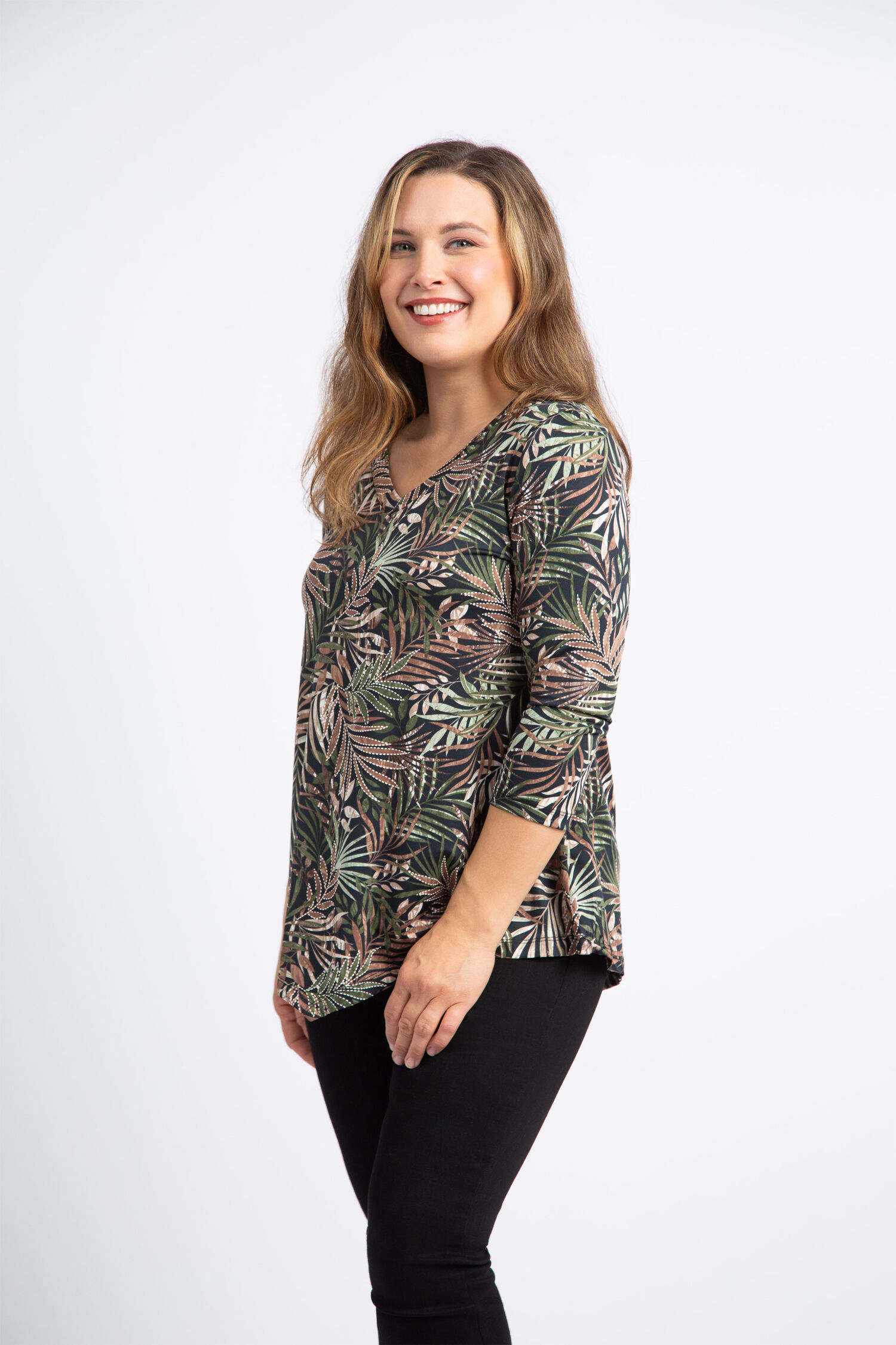 &frac34; Sleeve Textured Leaf Print Top  Image 2