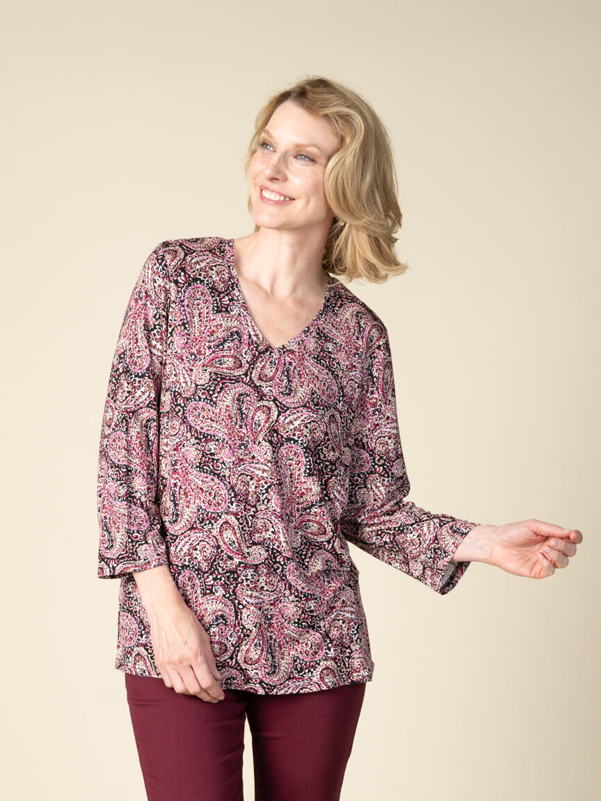 3/4 Sleeve V-Neck Printed Top