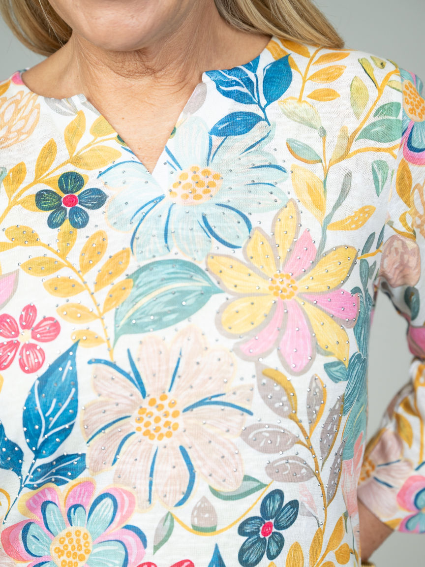 Floral Sparkle Notch-Neck Top
