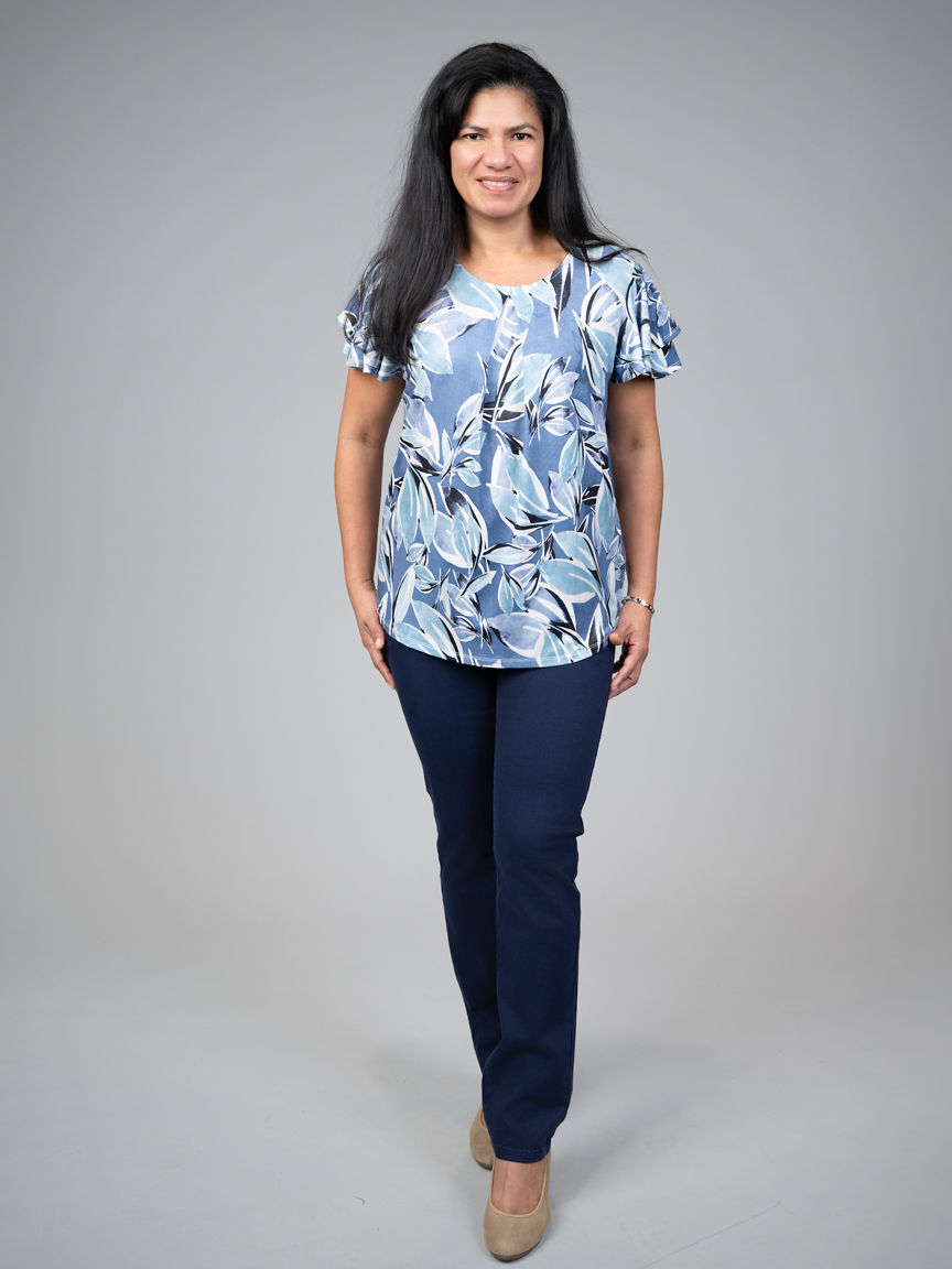 Short Ruffle Sleeve Shirt With Pleated Neckline