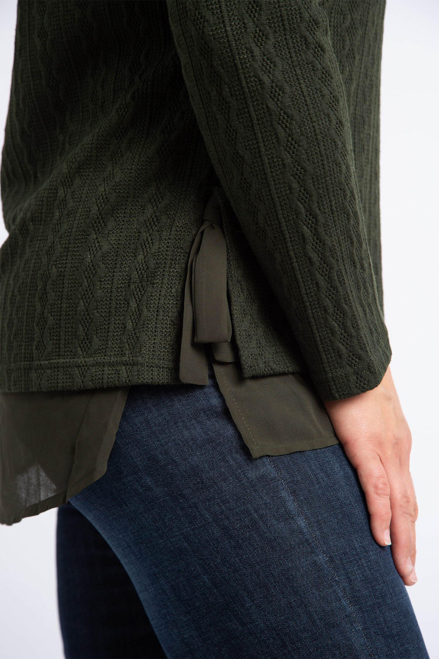 Cable Knit Sweater w/ Chiffon Underlay  Image 5