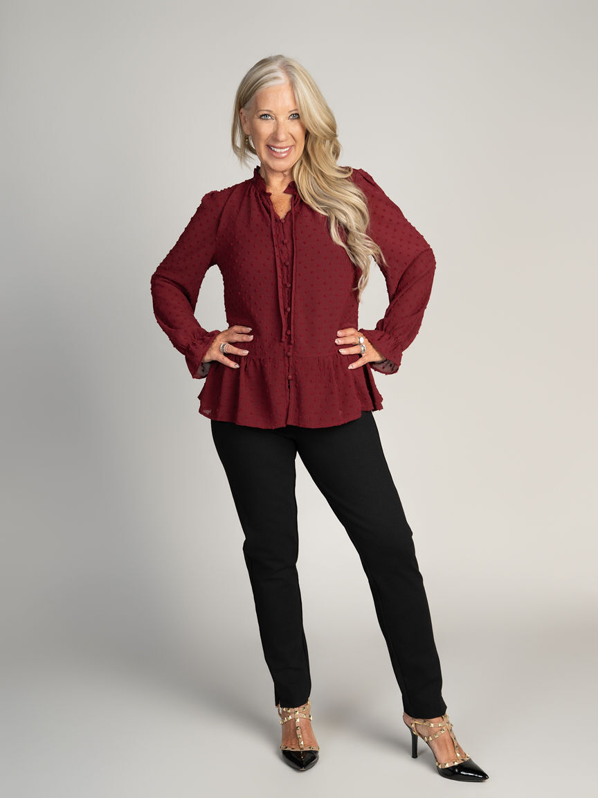 Sheer Swiss Dot Ruffle Blouse