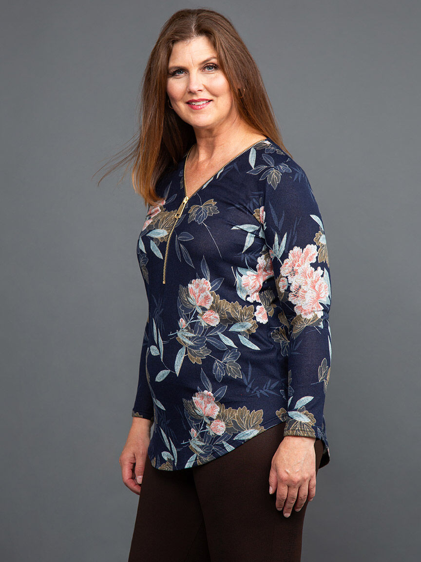 Long Sleeve Floral Top w/ Zip Neckline