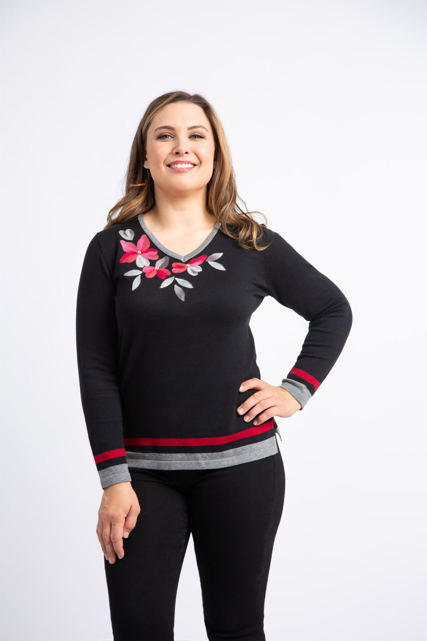 Felt Floral V-Neck Sweater Image 1