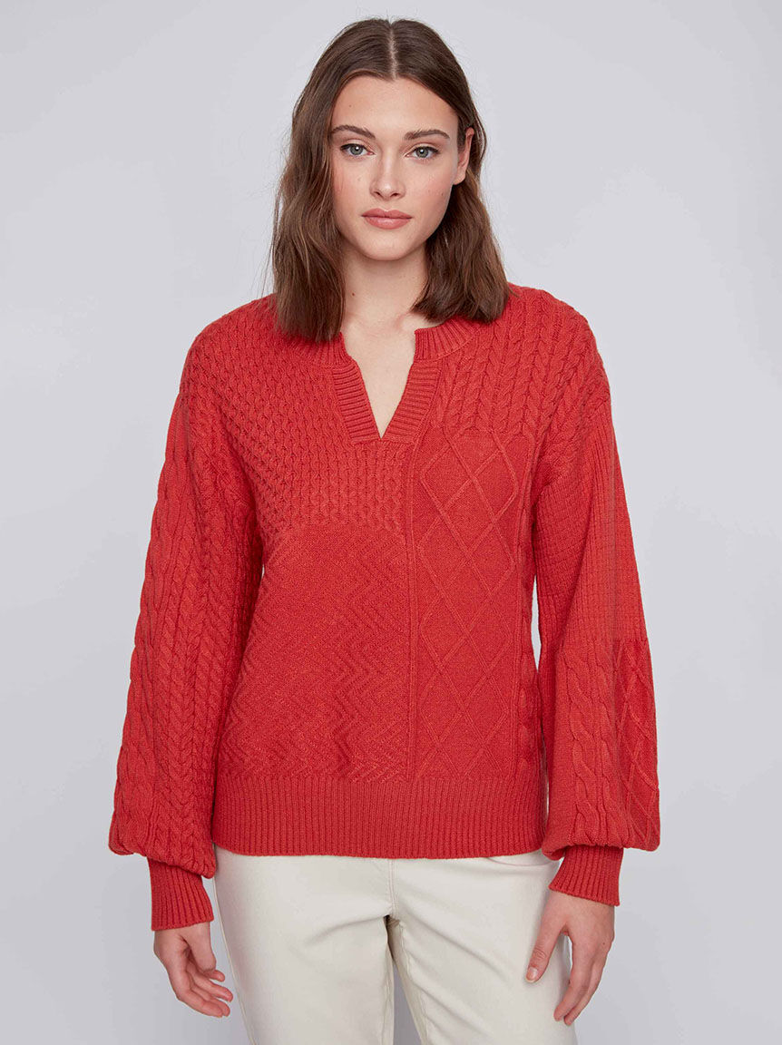 Cable Knit V-Neck Sweater w/ Balloon Sleeves Image 1