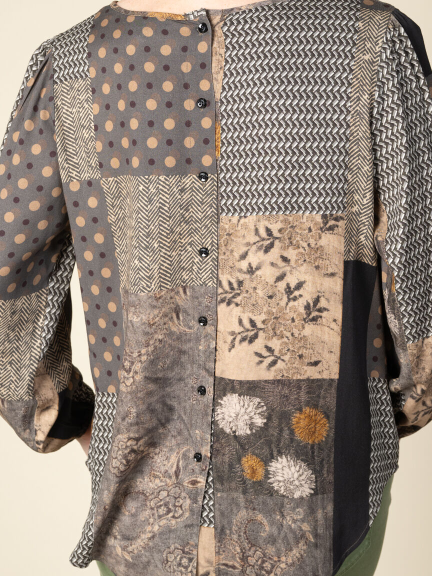 Long Sleeve Button Back Patchwork Top