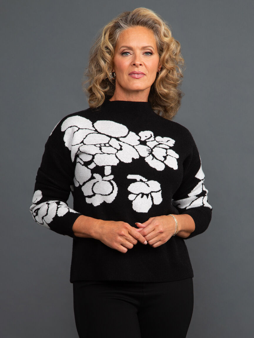 Knit Jacquard Funnel Neck Floral Sweater Image 6